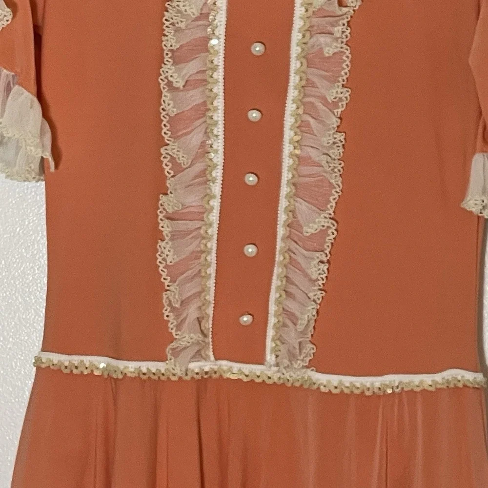Cottagecore Prarie peach-colored‎ dress lace sequin trim Morute Costume